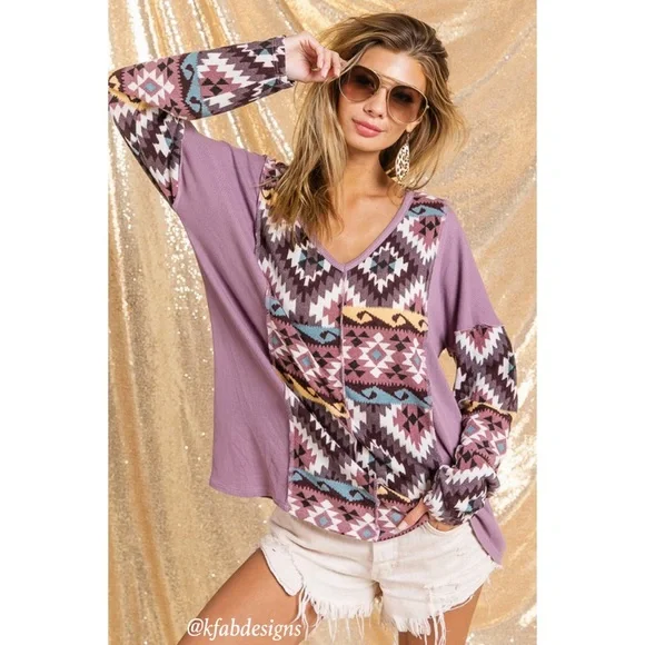 LAST 1! V Neck Mauve/Lilac Mix Aztec Print Soft Color Block Top - Picture 1 of 11